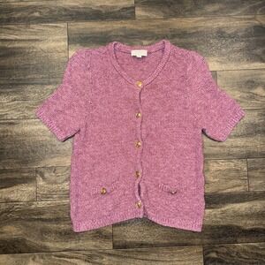 LOFT Textured Knit Short-Sleeve Button-Up Cardigan Women's Large Pink Preppy